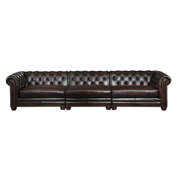 Amax Bakersfield 139" Genuine Leather Rolled Arm Chesterfield Sofa